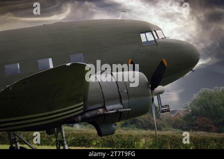 The Douglas C-47 Skytrain or Dakota is a military transport aircraft developed from the civilian Douglas DC-3 airliner. Stock Photo