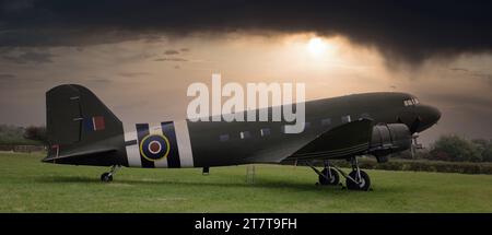 The Douglas C-47 Skytrain or Dakota is a military transport aircraft developed from the civilian Douglas DC-3 airliner. Stock Photo