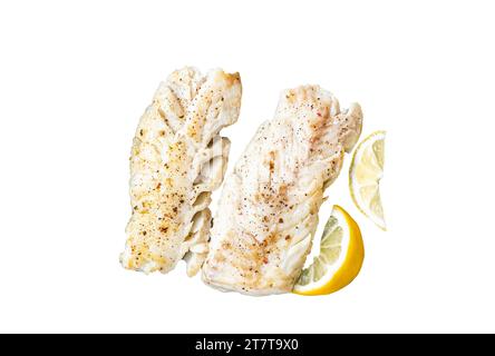 Roast Fillets of codfish, cooked cod fish meat. Isolated, white ...