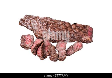 Juicy Grilled Machete skirt beef meat steak on plate with salad. Isolated, white background Stock Photo