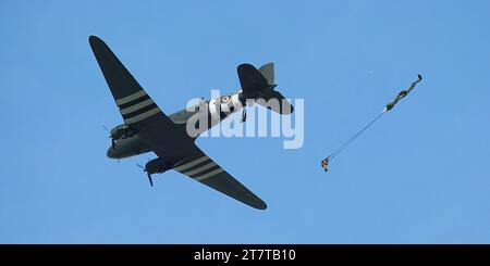 The Douglas C-47 Skytrain or Dakota is a military transport aircraft developed from the civilian Douglas DC-3 airliner. Stock Photo