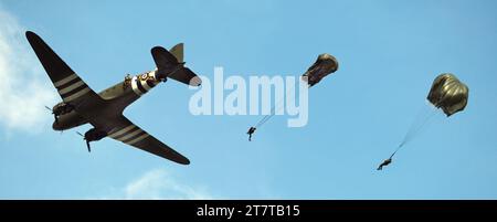 The Douglas C-47 Skytrain or Dakota is a military transport aircraft developed from the civilian Douglas DC-3 airliner. Stock Photo