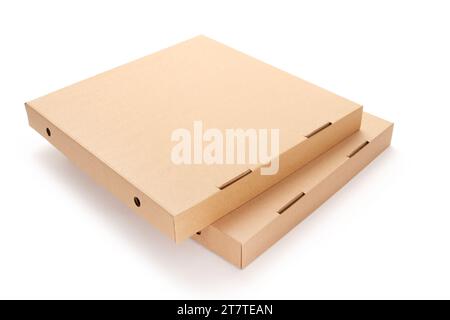 Two cardboard pizza boxes isolated on white background Stock Photo