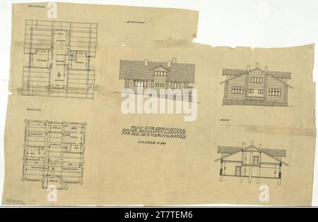 Adolf Loos (Entwerfer in) Line management hut for the Black Forest School I, Semmering, municipality of Breitenstein, Lower Austria, floor plan, cut, facade. Transparent Paper; ink around 1912-1913 Stock Photo