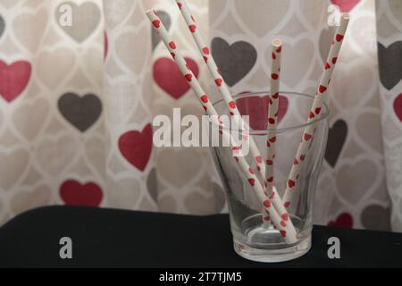 Red heart decorated,Red heart decorated drinking straws. Stock Photo