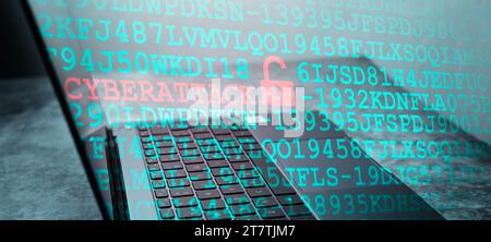 Desptop banner photo as background with colorful VR cyberattack interface. Cyber security data protection business technology. Stock Photo