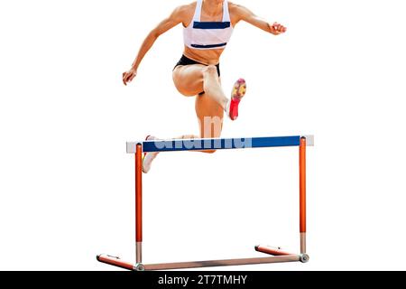 female athlete running 400 meters hurdles race in summer athletics championships, isolated on white background Stock Photo