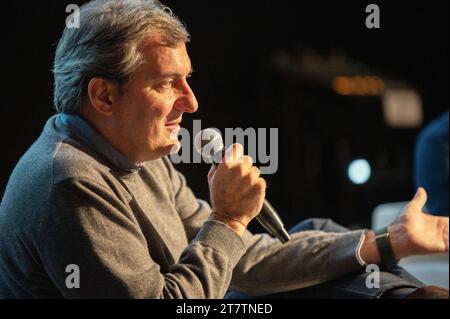 Cuneo, Italy. November 17, 2023. Mario Calabresi, writer, journalist and former director of the Italian newspapers 'La Stampa' and 'la Repubblica' during the presentation of his latest book, which talks about the Shoah and the story of a family of Italian Jews during the Nazi-fascist period. Credit: Luca Prestia / Alamy Live News Stock Photo