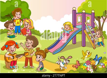 kids activities at the playground.Children playing in the park. Playground with kids. Group of kids playing on playground spending time in games, havi Stock Vector