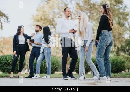 Students Collaborating on a University Project Outdoors Stock Photo
