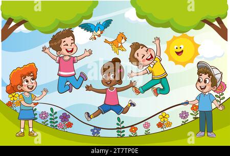 Happy Little Kids Having Fun. vector illustration of cute kids jumping dancing Stock Vector