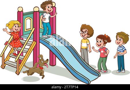 kids activities at the playground.Children playing in the park. Playground with kids. Group of kids playing on playground spending time in games, havi Stock Vector
