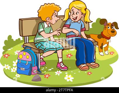 kids sitting on bench and talking cartoon vector Stock Vector