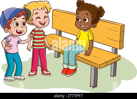 Cartoon boy and a girl talking to each other. Vector illustration.Happy multiethnic mixed age kids are sitting on a bench and chatting Stock Vector