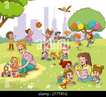 Vector portrait of happy family members relax rest play outdoors in the park doing summer activities.Parents with children spend weekend together Stock Vector