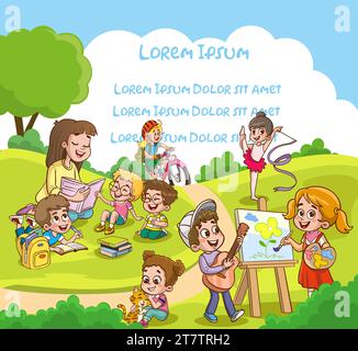 Vector portrait of happy family members relax rest play outdoors in the park doing summer activities.Parents with children spend weekend together Stock Vector