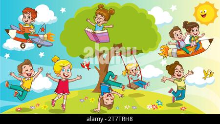 fun educational images with educational materials.Funny Kid Flying On Colorful Pencil cartoon vector Stock Vector