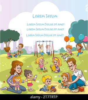 Vector portrait of happy family members relax rest play outdoors in the park doing summer activities.Parents with children spend weekend together Stock Vector