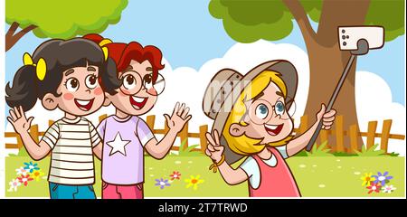 Cute Kids Taking Selfie With Phone cartoon vector Stock Vector