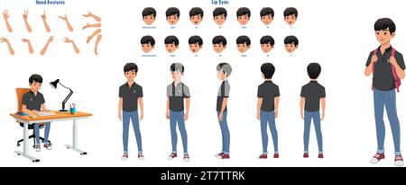 A School boy character model sheet. Student creation set. Male turnaround sheet Stock Vector