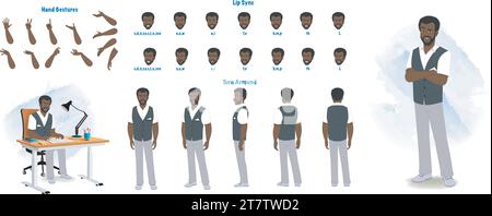 African/ american teacher, professor model sheet. Teacher creation set. Teacher turnaround sheet, hand gestures, lip sync Stock Vector