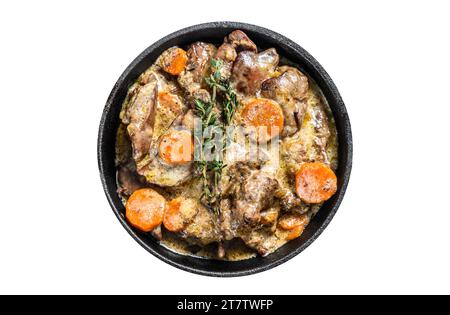 Stroganoff chicken liver with mushrooms and cream. Isolated, white background Stock Photo