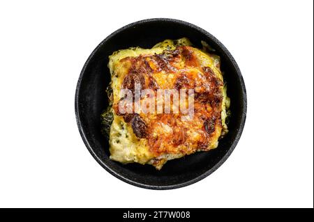 Delicious baked lasagna in a pan, Italian traditional cuisine. Isolated, white background Stock Photo