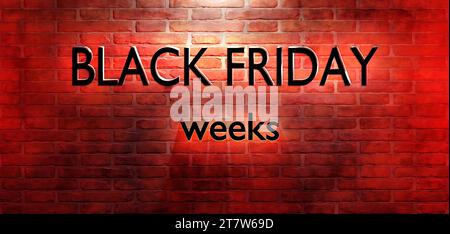 Black Friday weeks neon text on brick wall background. Abstract web banner for advertising. 3D render illustration. Stock Photo