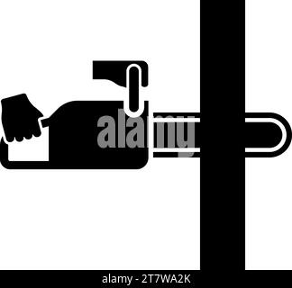 Chainsaw sawing board woodchopper concept lumberjack arborist cutting deforestation prunes sprinking icon black color vector illustration image flat Stock Vector