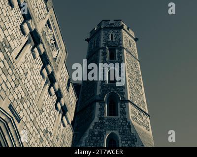 B&W St George's Gate with King Edward III Tower, Windsor Castle, Windsor, Berkshire, England, UK, GB. Stock Photo