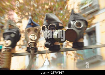 Discover rare gas masks at Madrid's historic flea market, a unique find for collectors Stock Photo