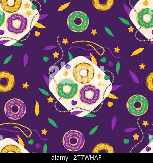 Mardi Gras carnival seamless pattern. Festive King Cake donuts on plate with colorful icing, beads, necklaces and feathers on purple background. Vecto Stock Vector
