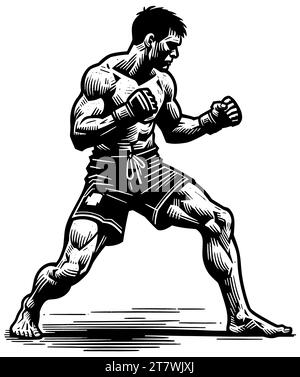 MMA fighter in guard position, detailed black and white woodcut print. Stock Vector