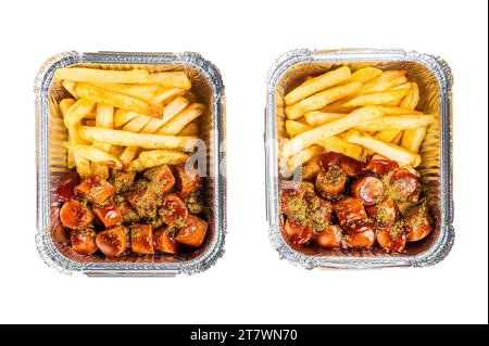 Traditional German currywurst with french fry served take away. Isolated, white background Stock Photo