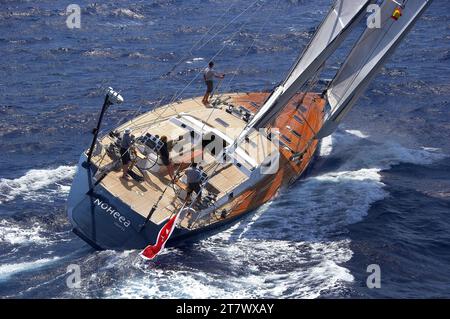 Aerial helicopter photo of 25m sailing yacht Noheea under full sail. Stock Photo