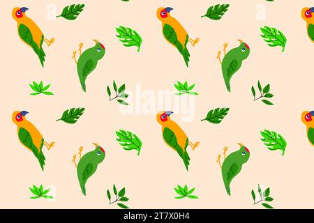 green and yellow parrots - tropical fabric pattern Stock Vector