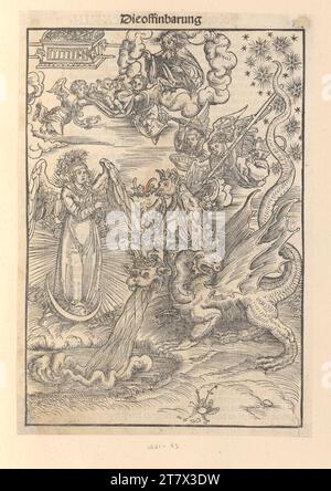 Lucas Cranach d. Ä. New Testament (Luther Bible): The Apocalyptic woman and the dragon (Revelation of John 12, 1-5). Woodcut and type print 1522 , 1522 Stock Photo