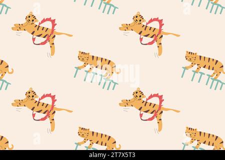 cartoon tiger animal - circus seamless pattern Stock Vector