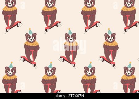 cute cartoon bear on scooter - seamless pattern Stock Vector