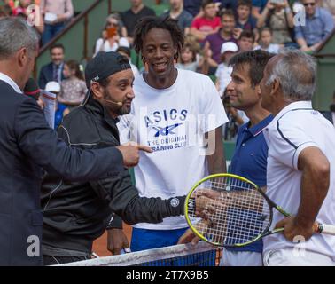 Cyril Hannouna, french tv presentator, playing with Gael Monfils against Fabrice Santoro and Mansour Bahrami, during the French Tennis Open at the Roland Garros stadium in Paris, France, on May 23, 2015 - Photo Loic Baratoux / DPPI Stock Photo