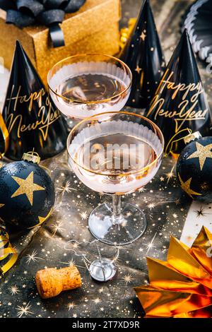 Christmas And New Year Holiday Table Setting with Champagne. Stock Photo