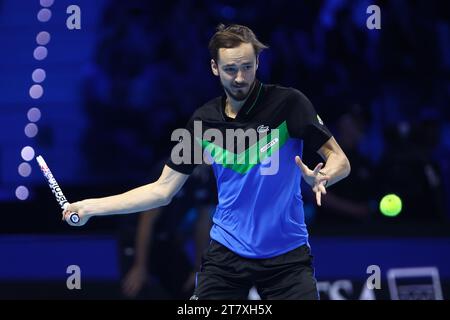 Torino, Italy. 17th Nov, 2023. Daniil Medvedev of Russia in action during the Round Robin singles match between Carlos Alcaraz of Spain and Daniil Medvedev of Russia on Day six of the Nitto ATP World Tour Finals. Credit: Marco Canoniero/Alamy Live News Stock Photo