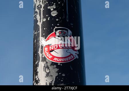 Uxbridge, UK. 17th November, 2023. A No ULEZ Blade Runners sticker on a camera post in Uxbridge. A number of the Ultra Low Emission Zone, ULEZ cameras in Uxbridge in the London Borough of Hillingdon are out of action today. They have been targetted again by so called anti ULEZ Blade Runners. Stickers have been stuck onto the camera lenses meaning they they cannot record vehicles passing them. ULEZ has proved very unpopular to many people since it was extended to outer London in August. It has meant that people have sold their old cars but only received £2,000 in compensation meaning that they Stock Photo