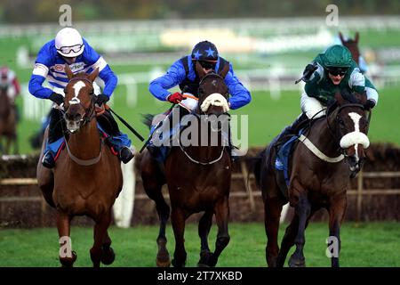 Minella Missile ridden by jockey Adam Wedge (right) on their way to winning the Trustatrader Novices' Hurdle on day one of The November Meeting at Cheltenham Racecourse. Picture date: Friday November 17, 2023. Stock Photo