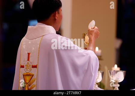 Back view of Priest with chasuble at Eucharist celebration, Sunday Mass, Elevation of the Host, St. Nicholas Cathedral, Dalat, Vietnam, Indochina Stock Photo