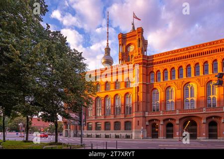 View of Rotes Rathaus (Town Hall) at sunset, Nikolai District, Berlin, Germany, Europe Stock Photo