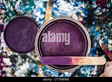 Paint Can Open Unmixed Close Up Purple Mixing Stick Top Paint Mess Background Stock Photo