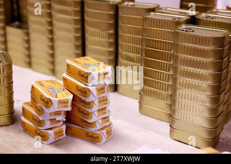 Tins of sardines, Pinhais, one of the oldest canned fish industry, Matosinhos. Tins of sardines, Portugal, Europe Stock Photo