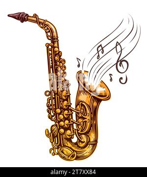 Musical instrument saxophone with music notes coming out, illustration isolated on white background Stock Vector