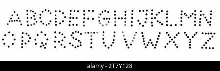 Circle shots dot holes black english A to Z alphabet latin abc font collection. Vector illustration in doodle hand drawn style isolated on white backg Stock Vector